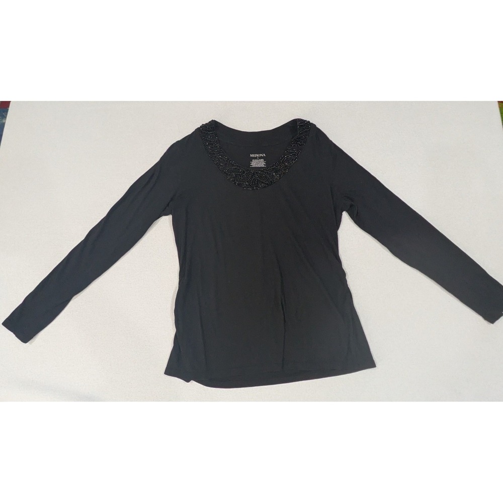 Merona Beaded Top Womens L Black Excellent Long Sleeve Scoop Neck Embellished